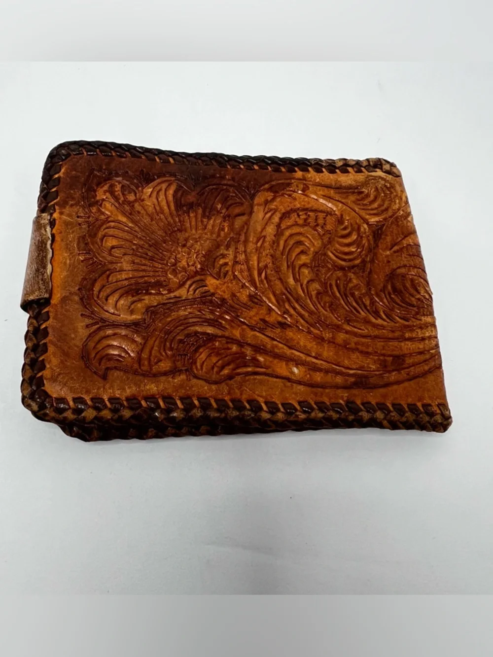 Vintage Tooled Leather Mens Wallet Bifold Western Snap Closure Brown Handmade